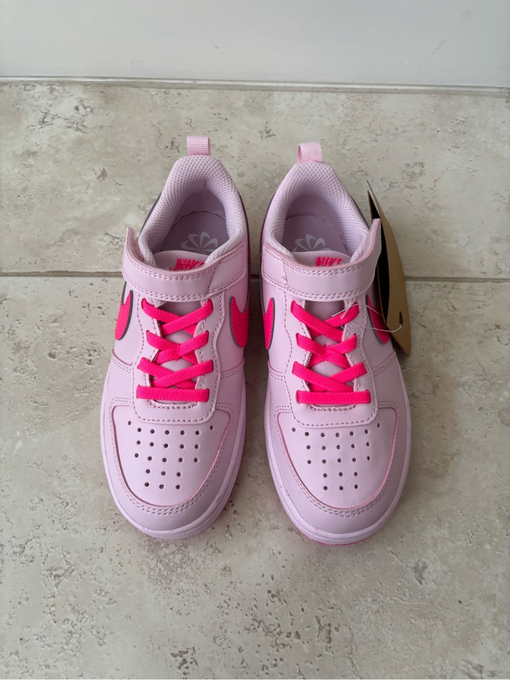 Nike Kids Pink Sneakers with Hot Pink Swoosh and Laces